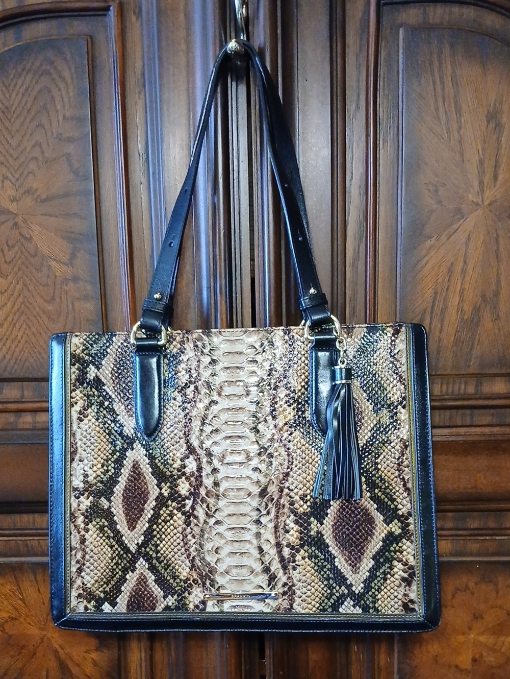 Brahmin Black Trim Python-Print Tote with Tassel